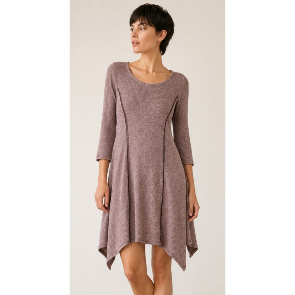 Mi Ami kt2205 Sharkbite Hem Dress Womens M Mauve Ribbed Knit Exposed Seams
